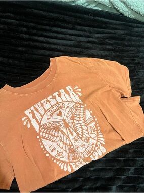 Five Star Burnt Orange Short Sleeve Tee with Light Pink Butterfly Graphic